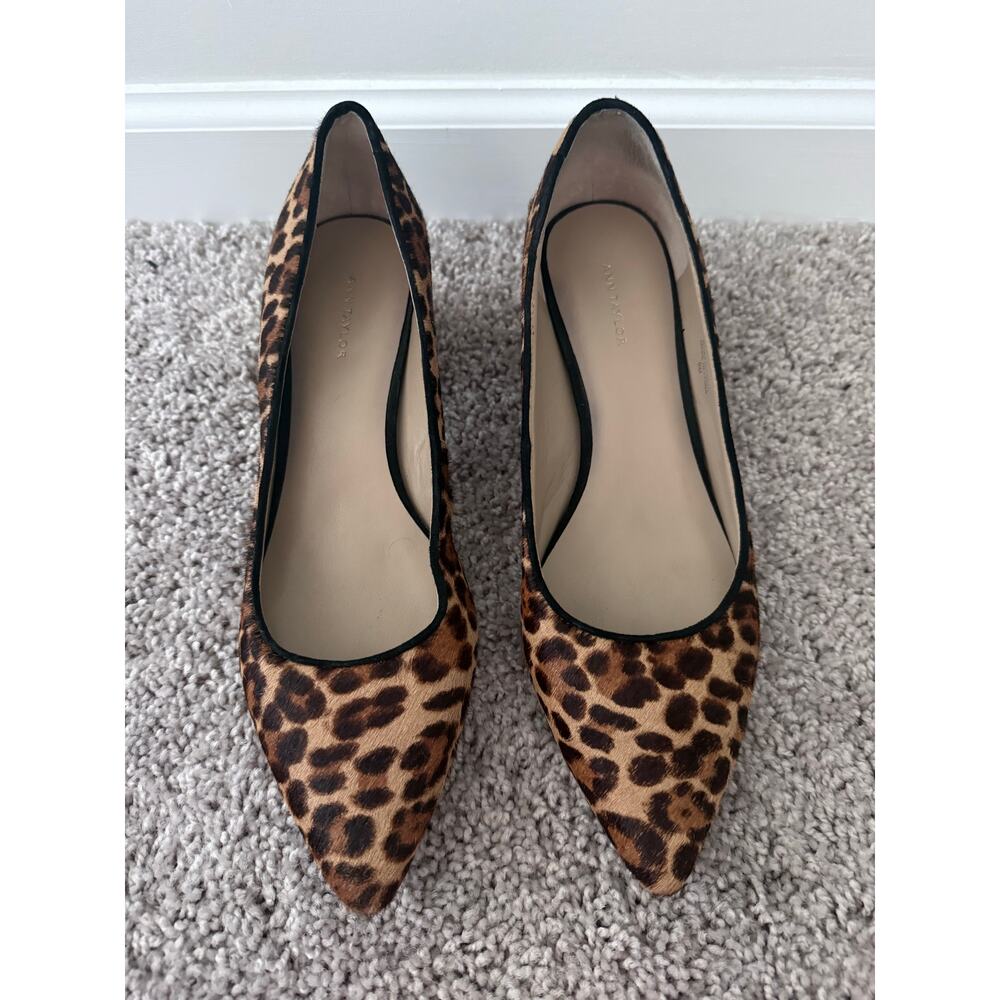 ANN TAYLOR brown black cheetah print calf hair pointed block heel pumps shoes - Picture 3 of 9